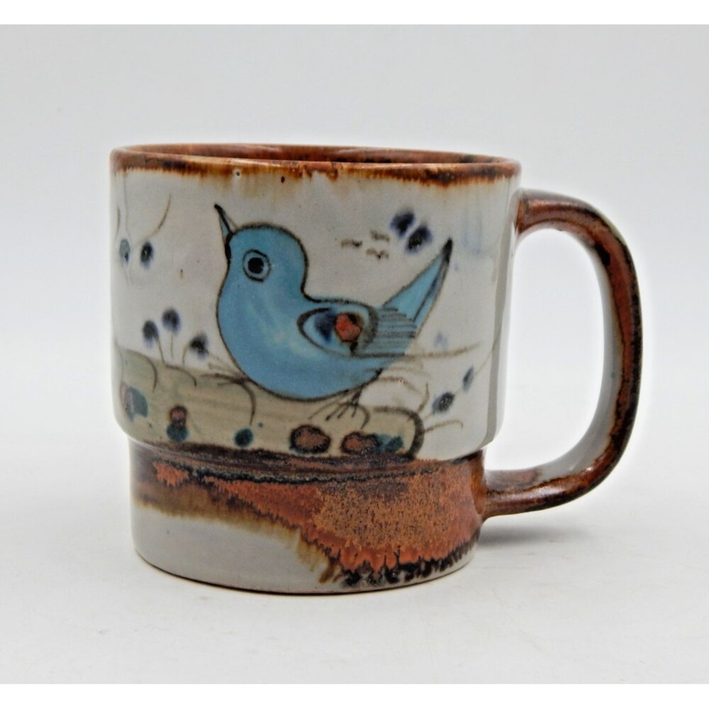 Tonala Ken Edwards Pottery Coffee Tea Mug Cup Bird Butterfly Gray Blue Brown